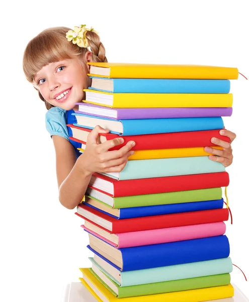 Studentessa con zaino in mano mucchio di libri . — Foto Stock