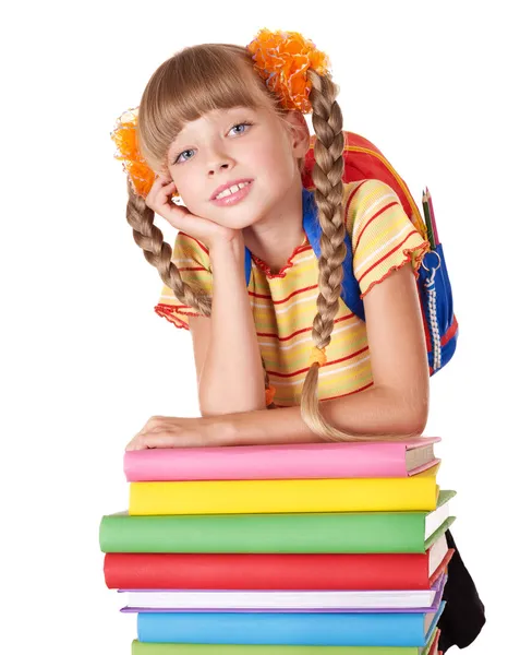 Studentessa con zaino in mano mucchio di libri . — Foto Stock