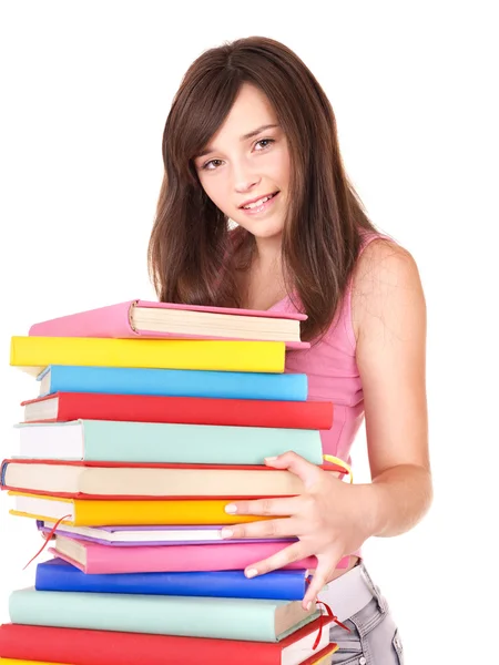 Meisje met groep gekleurde book . — Stockfoto