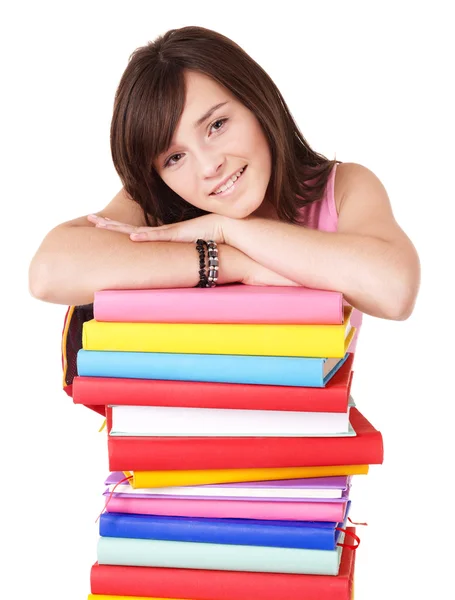 Κορίτσι με το σωρό έγχρωμο βιβλίο . — Φωτογραφία Αρχείου