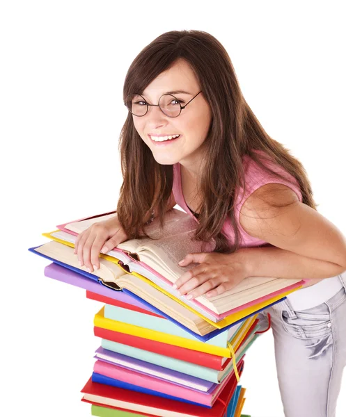 Meisje met stapel multi-gekleurde boek . — Stockfoto