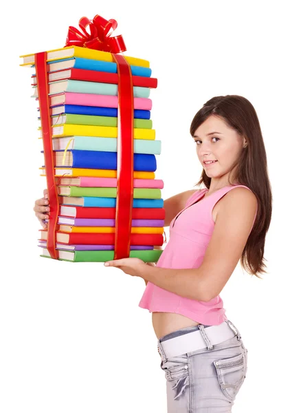 Girl holding pile of book. — Stock Photo, Image