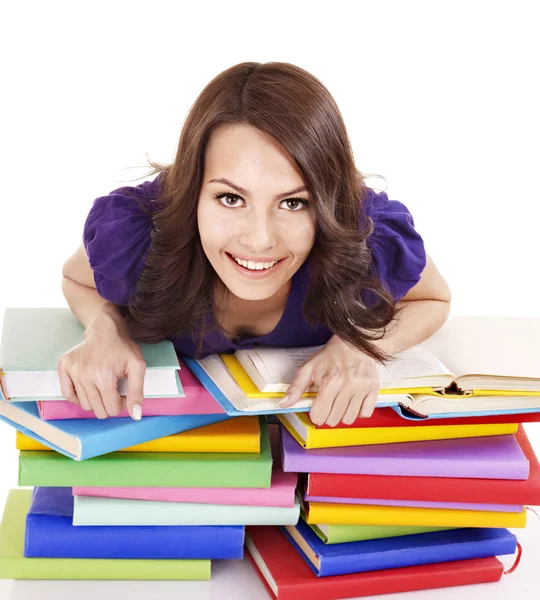 Девушка со стопкой цветной книги  . — стоковое фото