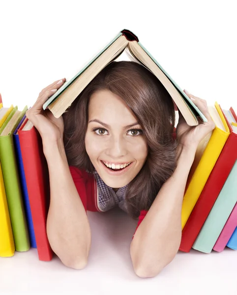 Chica con apilar libro de color . — Foto de Stock