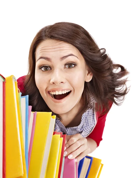 Meisje met stapel boek in kleur.. — Stockfoto
