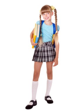 Schoolgirl with backpack holding books. clipart