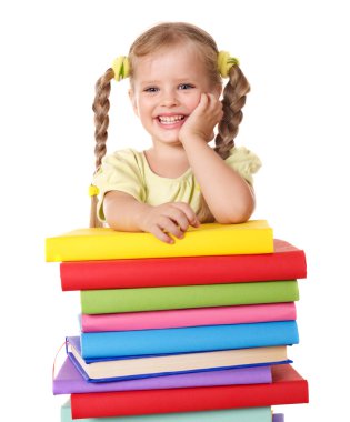 Child holding pile of books. clipart