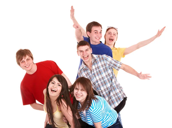 Grupp glada unga med hand upp. — Stockfoto