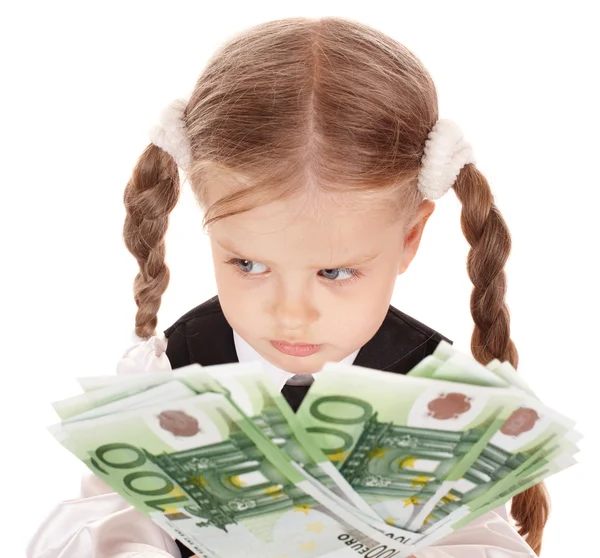 Criança triste com dinheiro euro . — Fotografia de Stock