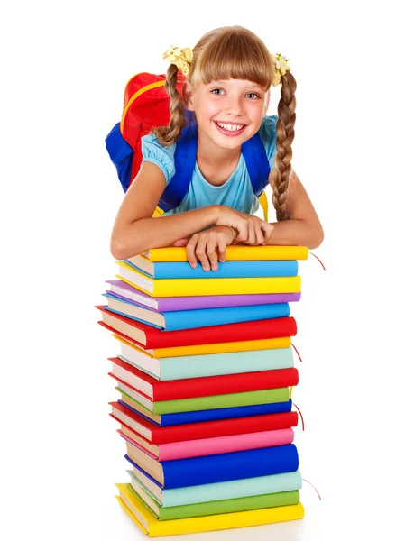 Skolflicka med ryggsäck håller hög med böcker. — Stockfoto