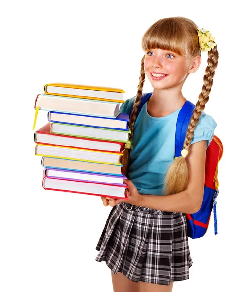 Schoolmeisje met rugzak bedrijf boeken. — Stockfoto