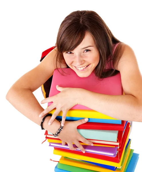 Girl with pile colored book . — Stock Photo, Image