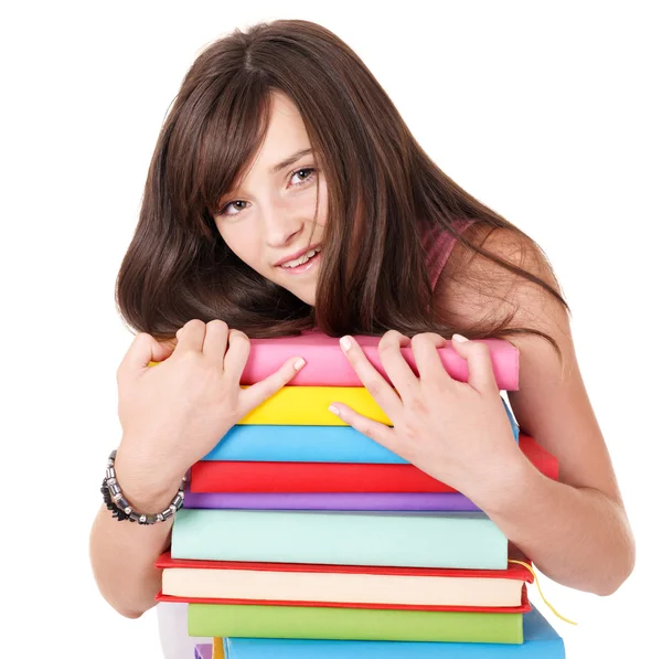 Menina com pilha livro colorido  . — Fotografia de Stock
