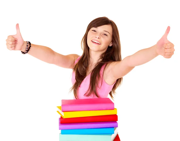 Chica con pila libro mostrando el pulgar hacia arriba . —  Fotos de Stock