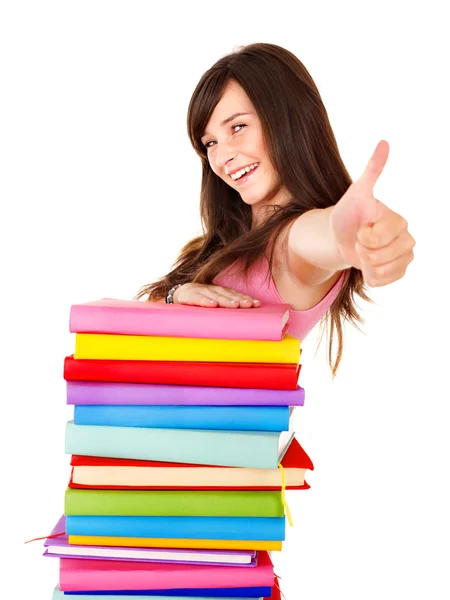 Chica con pila libro mostrando el pulgar hacia arriba . — Foto de Stock