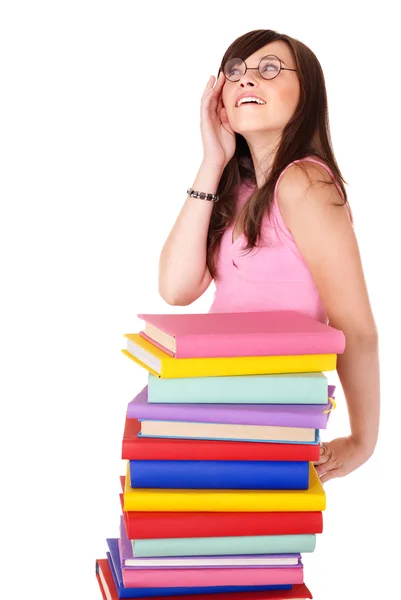 Dziewczyna z kolorowych kupie książki . — Zdjęcie stockowe