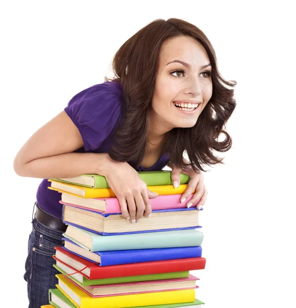 Flicka med stack färg bok . — Stockfoto