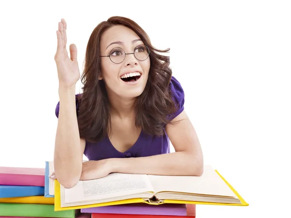 Girl in glasses with pile book . — Stock Photo, Image