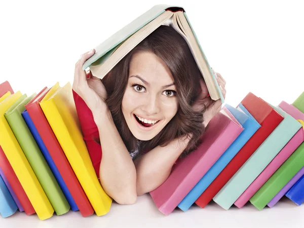 Meisje met stapel boek in kleur.. — Stockfoto