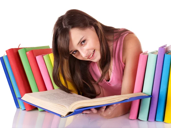 Girl with pile colored book . Royalty Free Stock Images