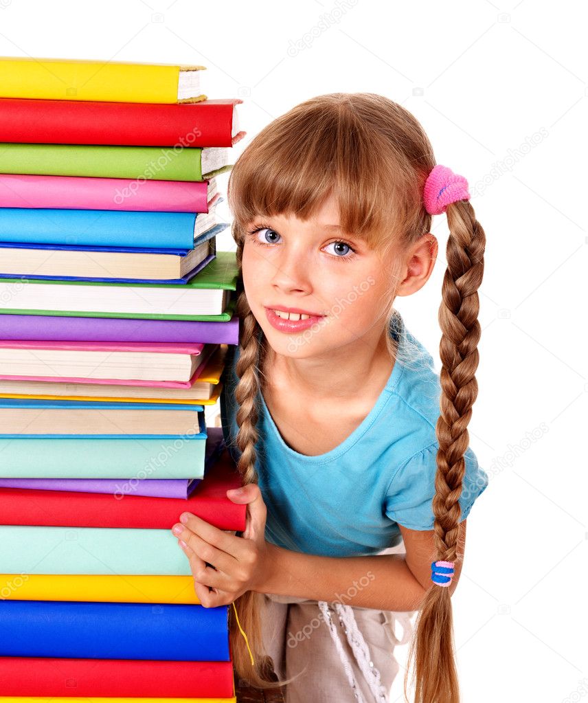 Schoolgirl holding pile of books.