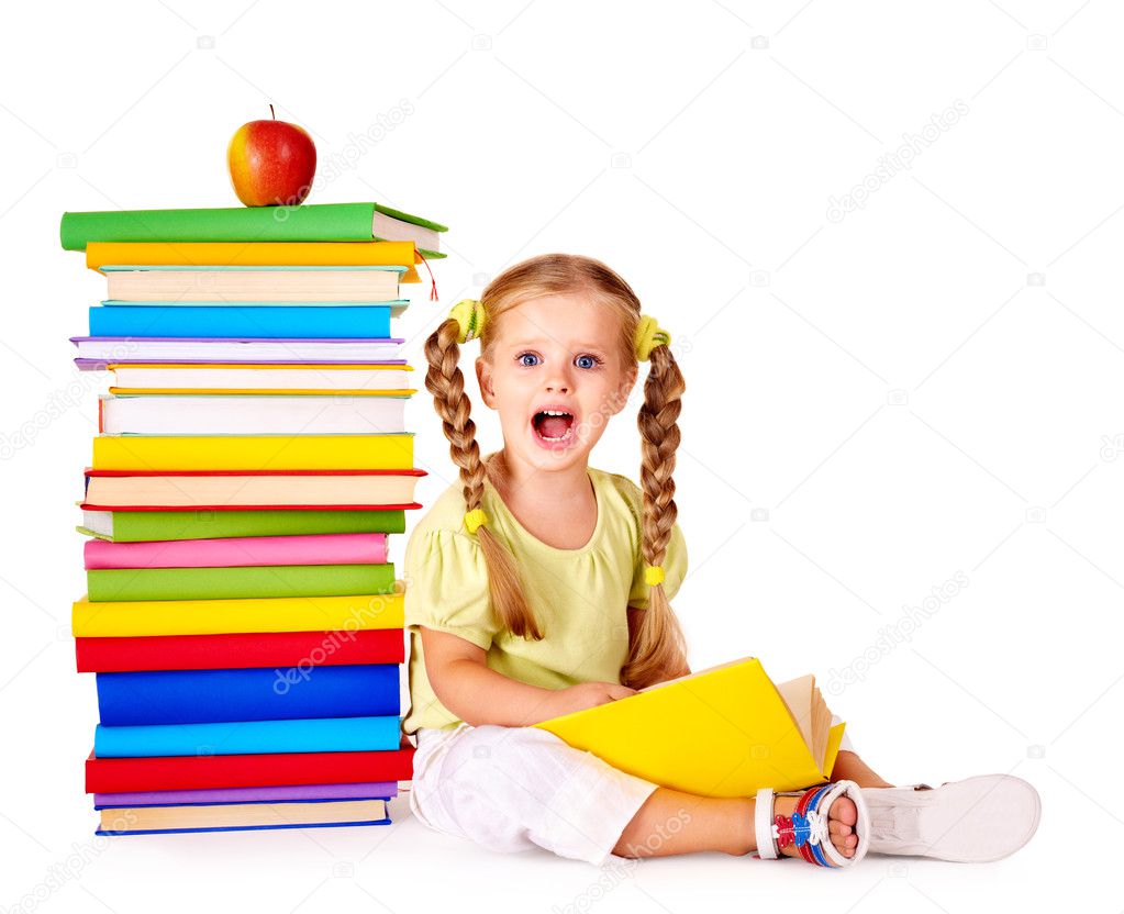 Child reading pile of books.