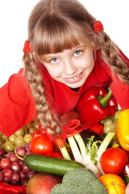 Child with group of vegetable and fruit. clipart