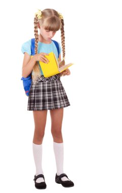 Child with backpack reading book. clipart