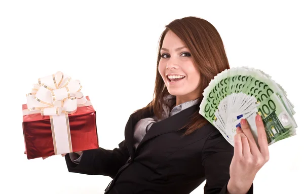 Business woman with money,red christmas box. — Stock Photo, Image