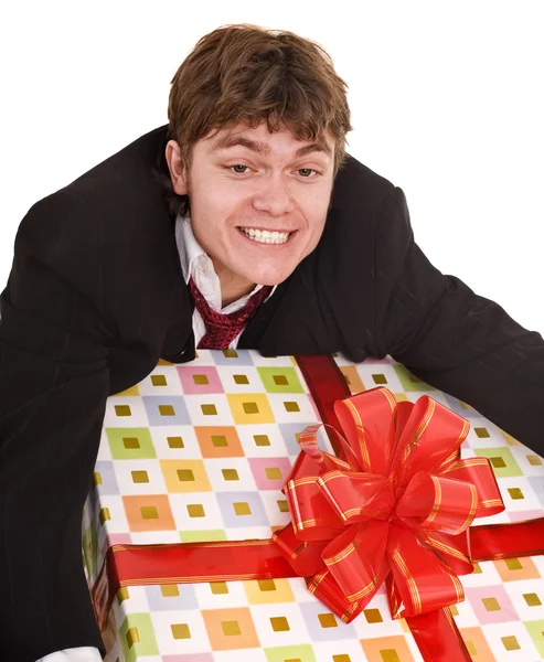 Business man with big gift box. — Stock Photo, Image