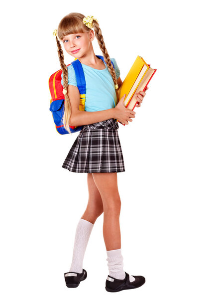 Schoolgirl with backpack holding books.