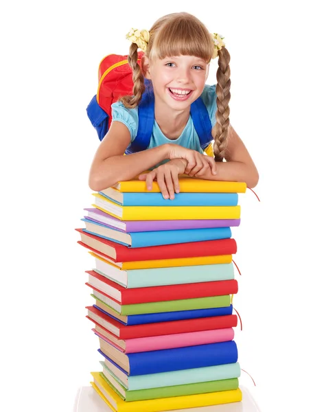 Schoolgirl with backpack holding pile of books. — Stock Photo, Image