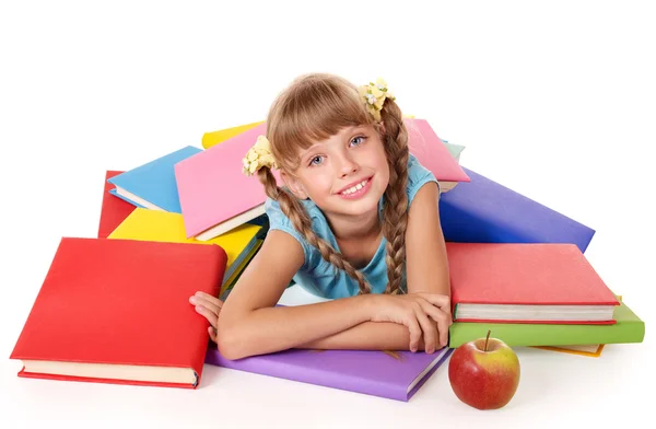 Enfant avec pile de livres et pomme . — Photo