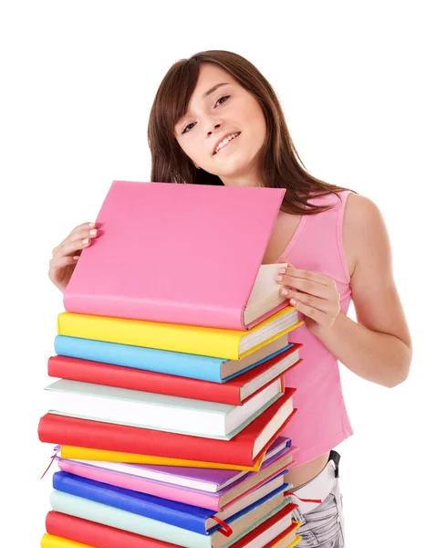 Menina com pilha livro colorido  . — Fotografia de Stock