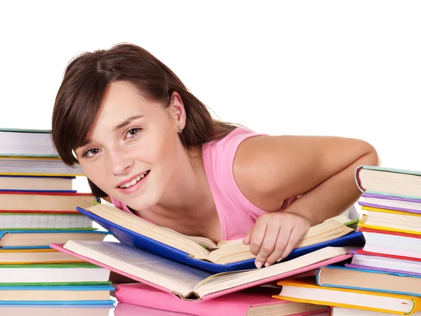 Girl with pile colored book . — Stock Photo, Image