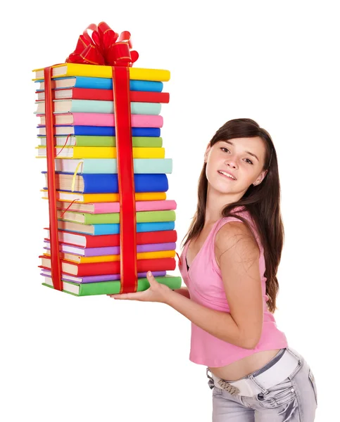 Girl holding pile of book. — Stock Photo, Image