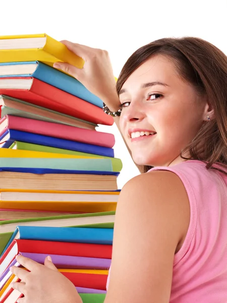 Menina com pilha livro colorido . — Fotografia de Stock