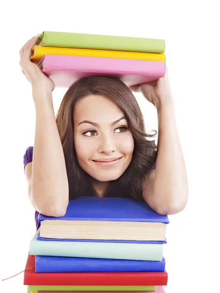 Girl with pile color book . — Stock Photo, Image