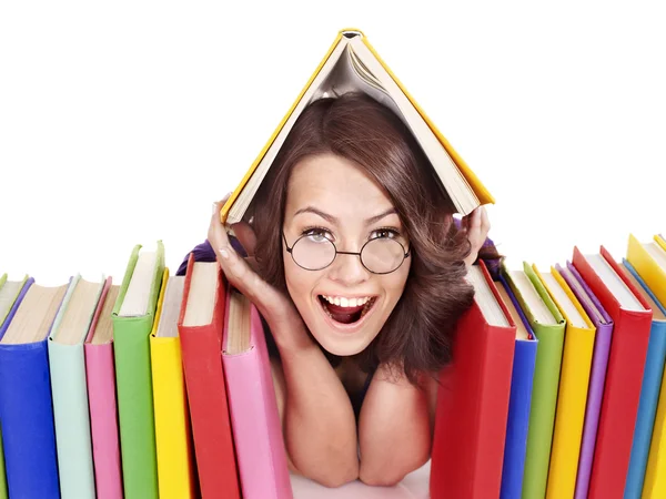 Menina em óculos com livro de pilha  . — Fotografia de Stock