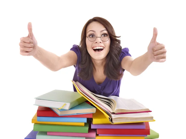 Girl with pile book showing thumb up. — Stock Photo, Image