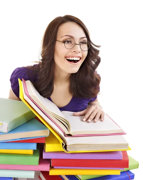 Chica en gafas con apilar libro  . —  Fotos de Stock