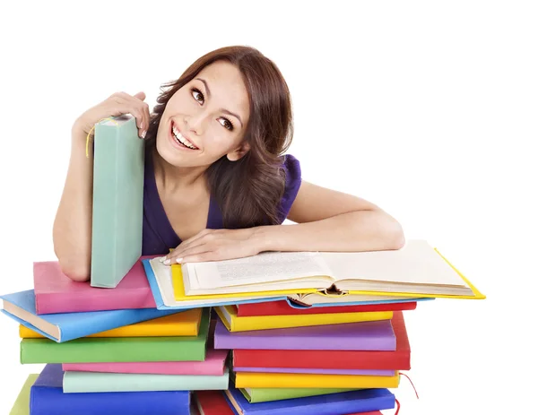 Девушка со стопкой цветной книги  . — стоковое фото
