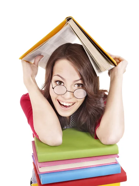 Dívka v brýlích s knihou zásobníku . — Stock fotografie