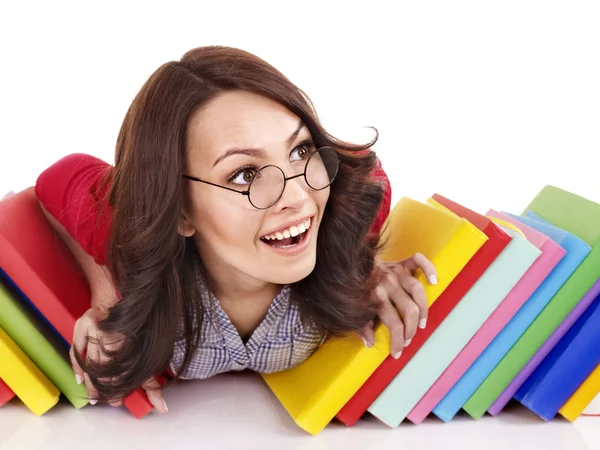 Дівчина в окулярах зі стековою книгою  . — стокове фото