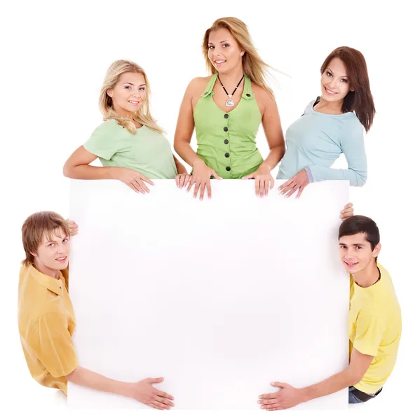 Group of happy holding banner. Stock Photo