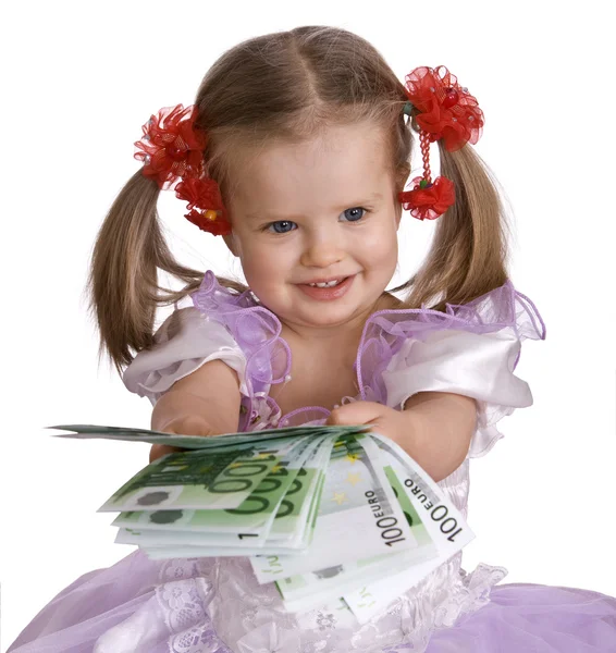 Money euro and child girl in dress. — Stockfoto