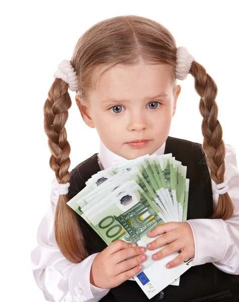 Criança triste com dinheiro euro . — Fotografia de Stock