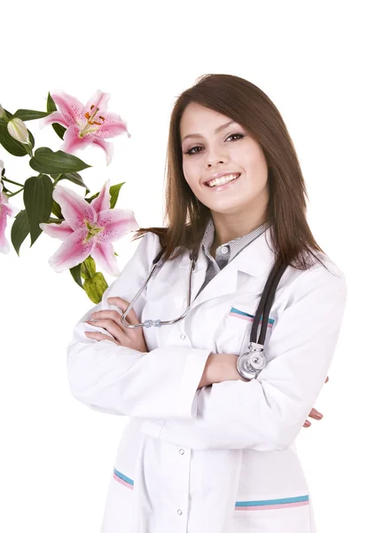 医生用听诊器和花. — 图库照片