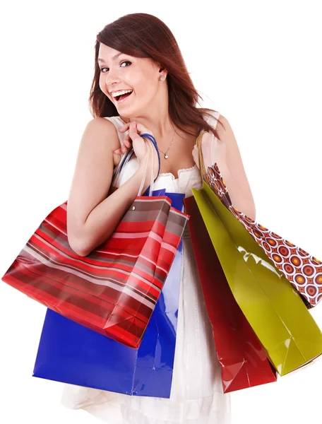 Chica sosteniendo grupo bolsa de compras . — Foto de Stock