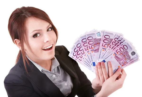 Jeune femme tenant de l'argent en euros . — Photo